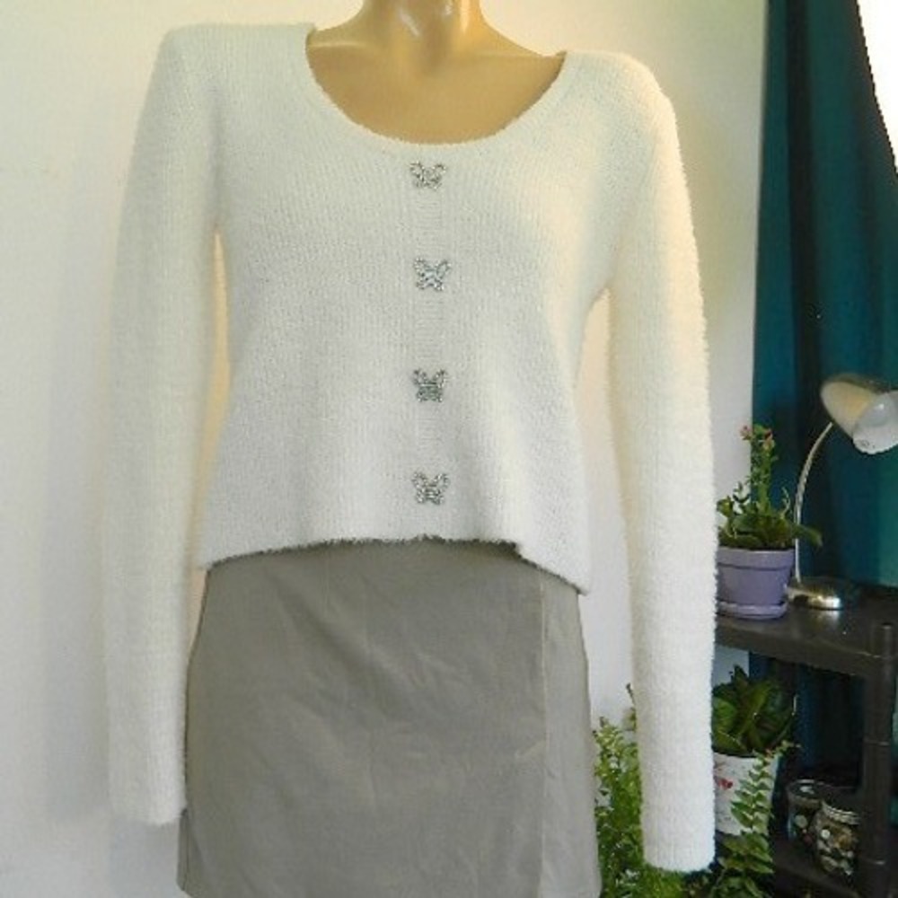 No Boundaries Sweater Juniors XL Ivory Butterfly Rhinestone Eyelash Knit Crop